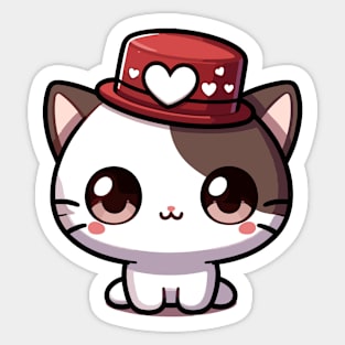 Charming Kawaii Valentine's Cat with Heart Top Hat Sticker